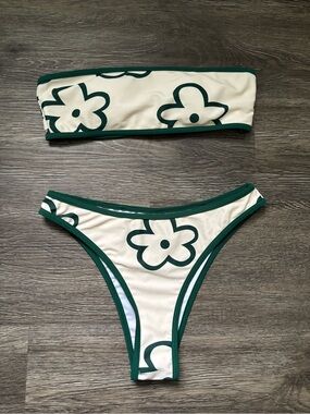 Green Trim Floral Bandeau Bikini Set - Cream & Green